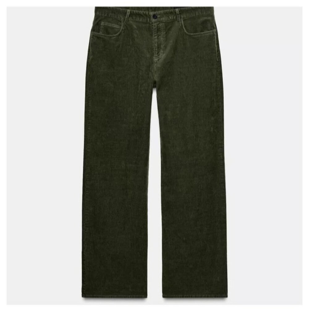 Zara Corduroy Straight Leg Pants Olive Green Womens XL Business Casual Forest